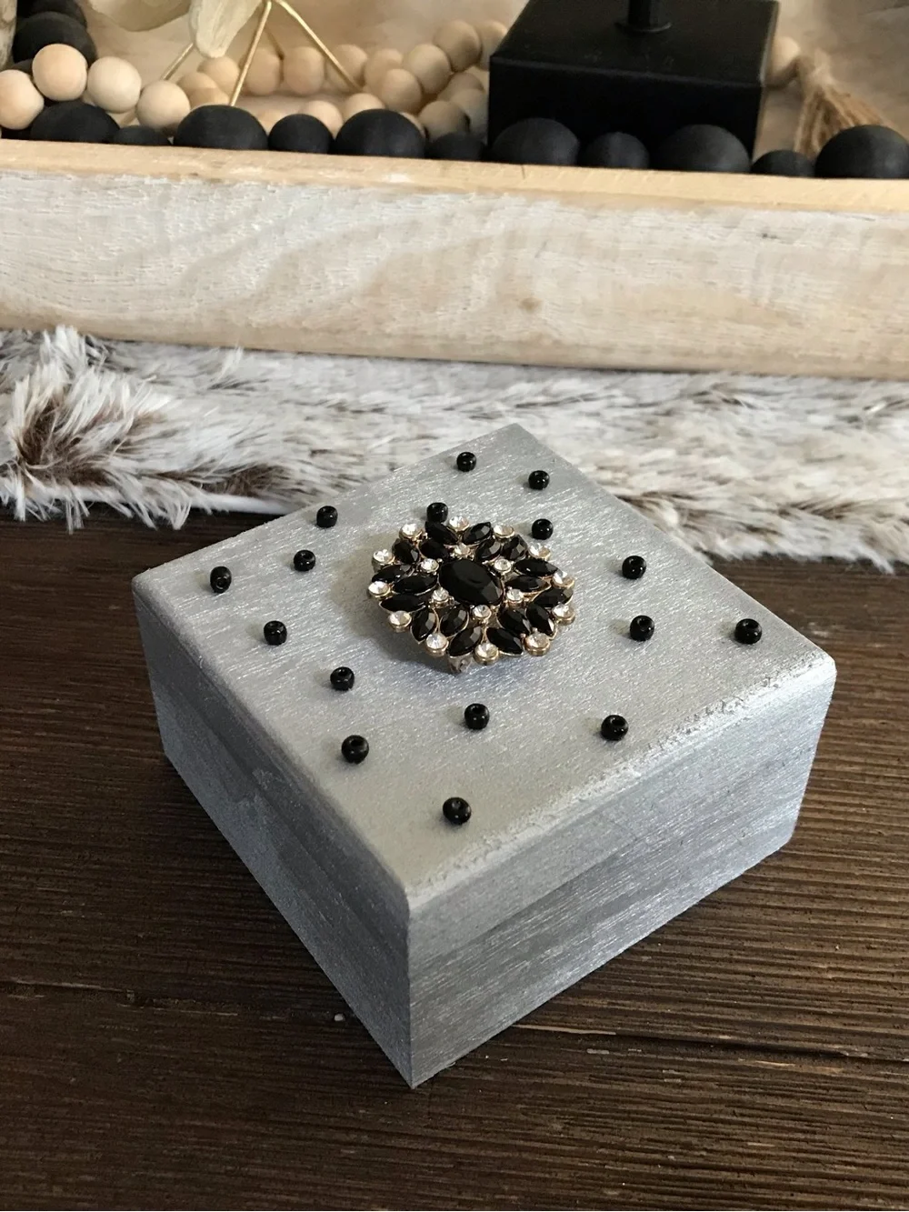 Hand crafted wooden silver trinket box with rhinestone flower lid